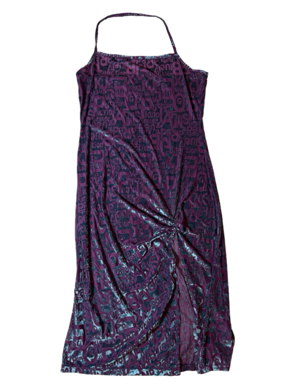 Fashion Brand Company XL Purple Teal Letter Print Halter Dress Ruched Y2K